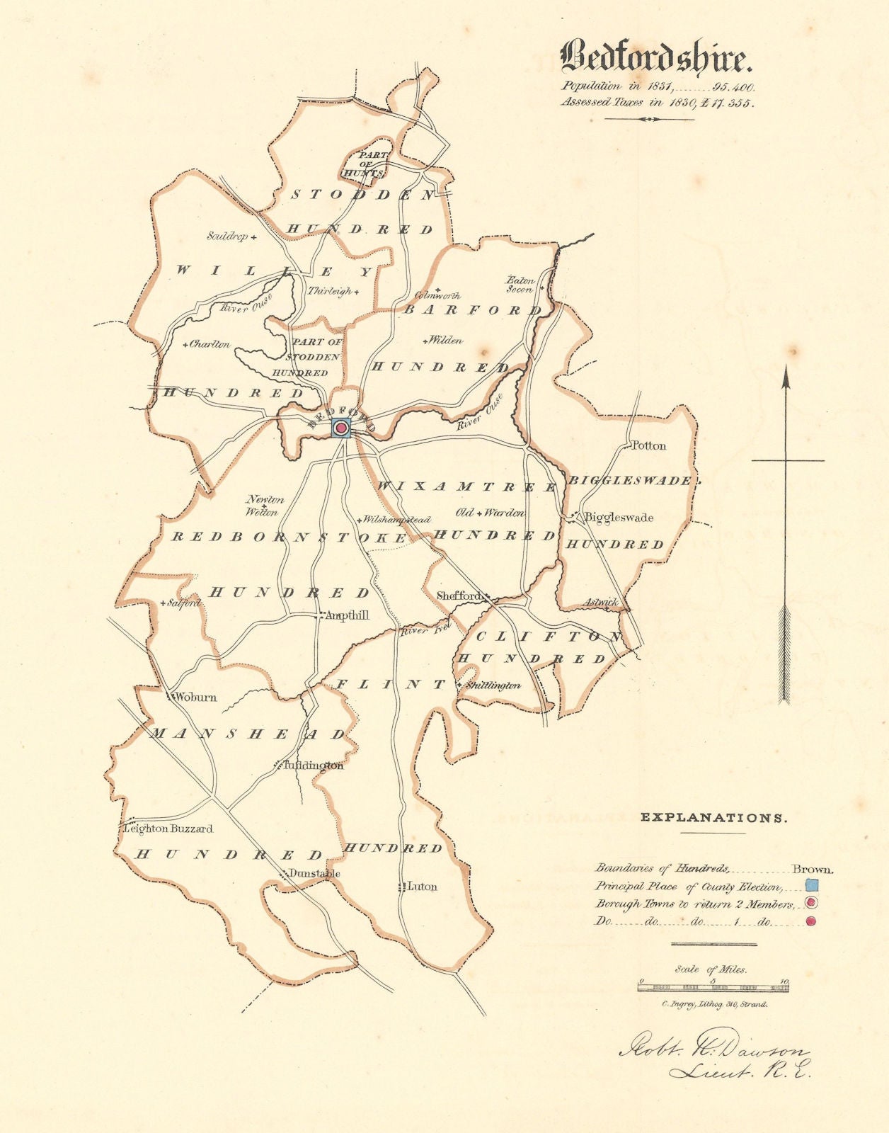 Bedfordshire county map. Hundreds boroughs electoral. REFORM ACT. DAWSON 1832
